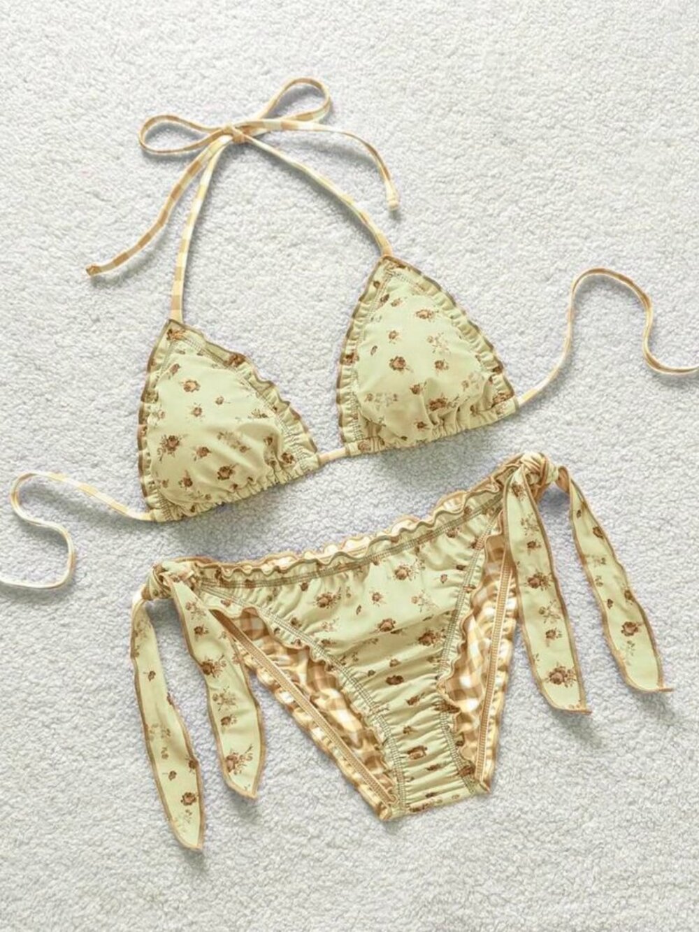 Brand New Ruffled Yellow & Brown Floral & Checkered Reversible Bikini Size M